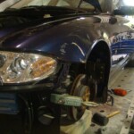 Before and after photographs of a damaged, blue, Maserati that was repaired by Elite Paint & Body Shop in West Palm Beach, FL.